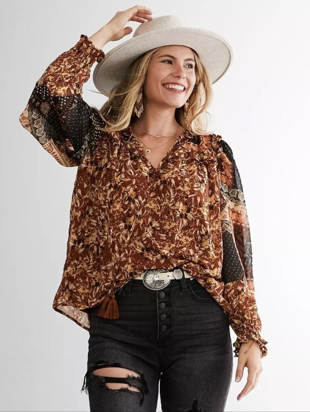 Miss Me Paisley Bohi Rust Color Mix Printed Woven Top